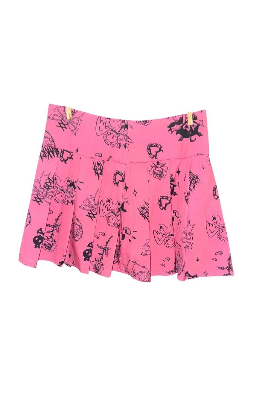 Goth Skull Graphic Pleated Skirt Pink Size S